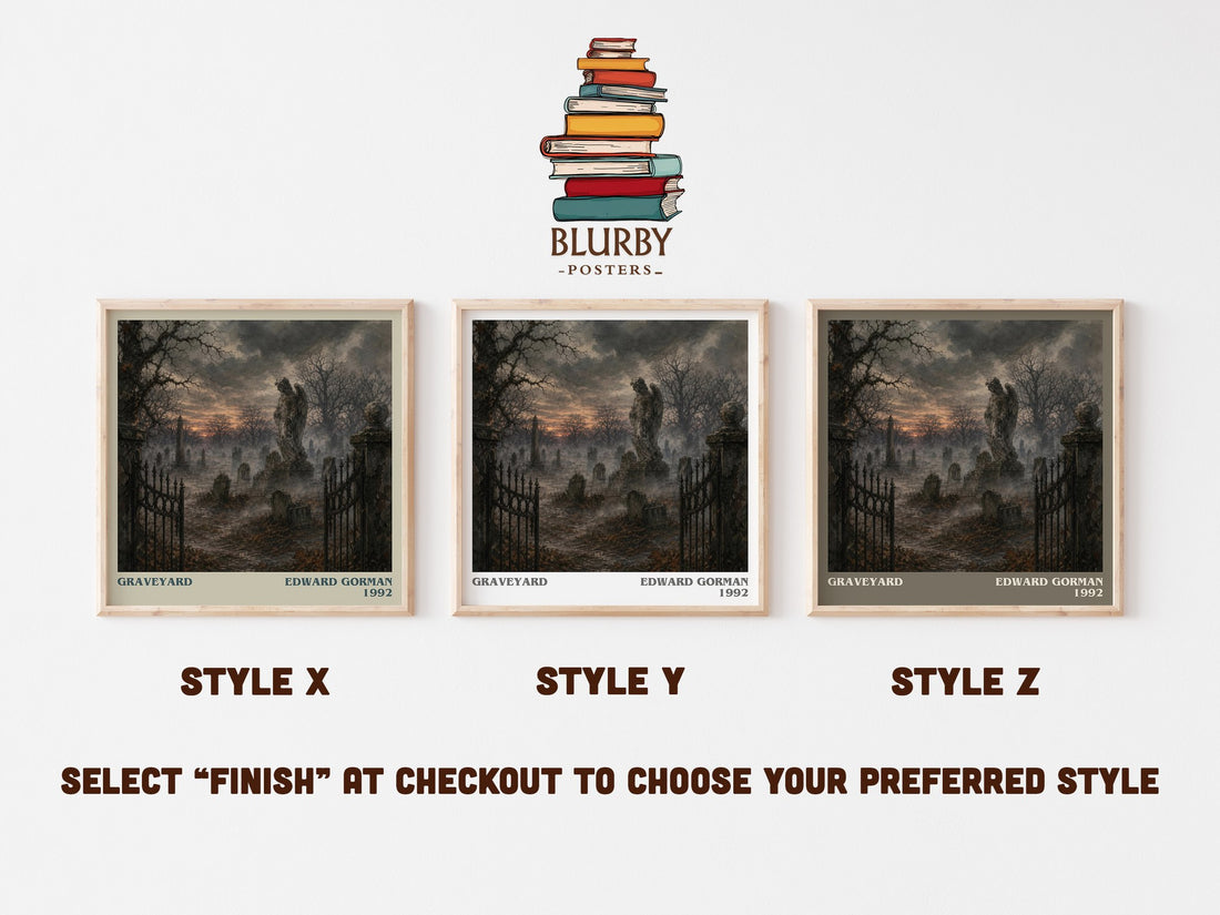 Graveyard literary print in frame leaning in hallway – crime wall art (mockup)