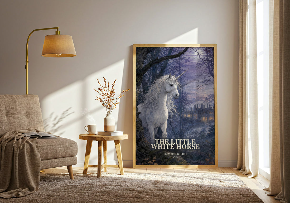 The Little White Horse watercolour print in frame leaning in hallway – childrens wall art