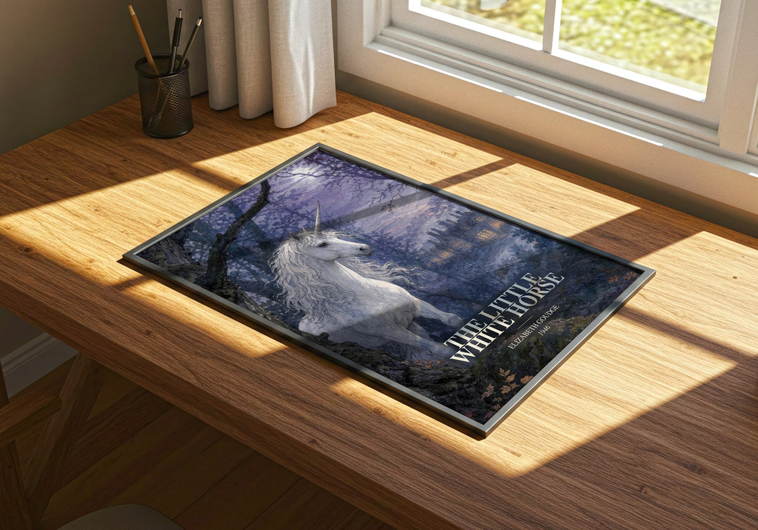 The Little White Horse watercolour book poster framed on wall – childrens wall art