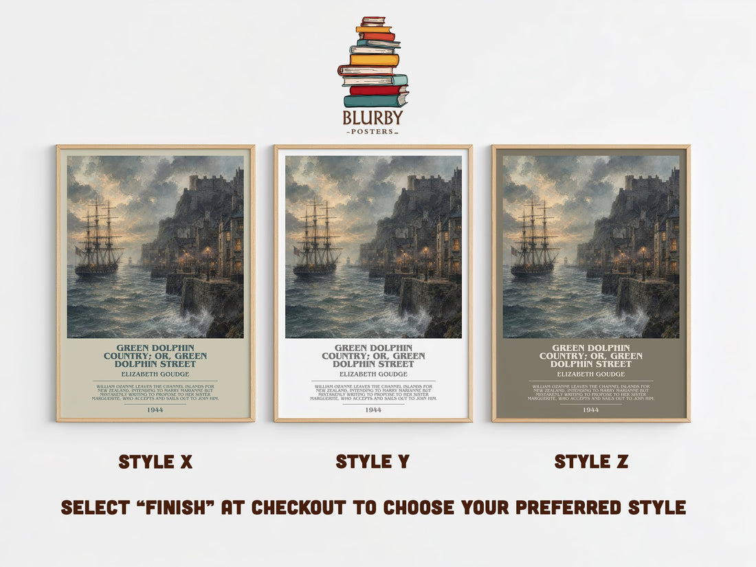 Green Dolphin Country; or, Green Dolphin Street bookish print in frame leaning in hallway – historical fiction wall art (mockup)