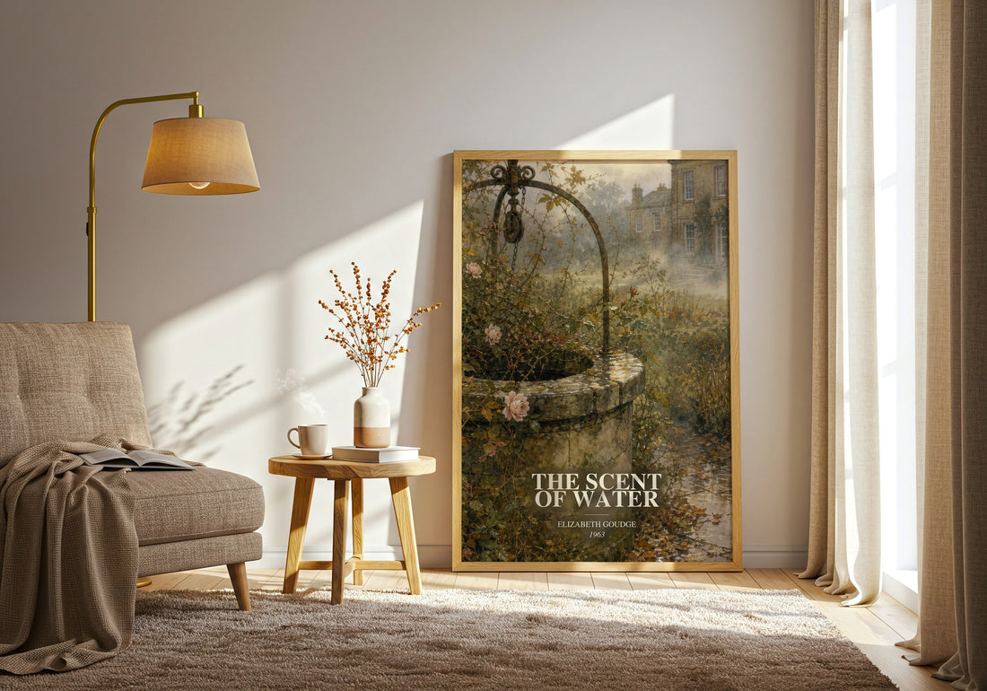 The Scent of Water watercolour print in frame leaning in hallway – literary fiction wall art