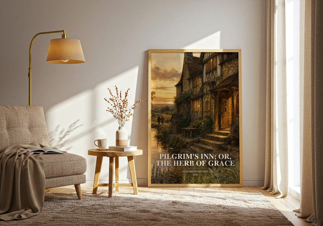 Pilgrim's Inn; or, The Herb of Grace watercolour print in frame leaning in hallway – literary fiction wall art