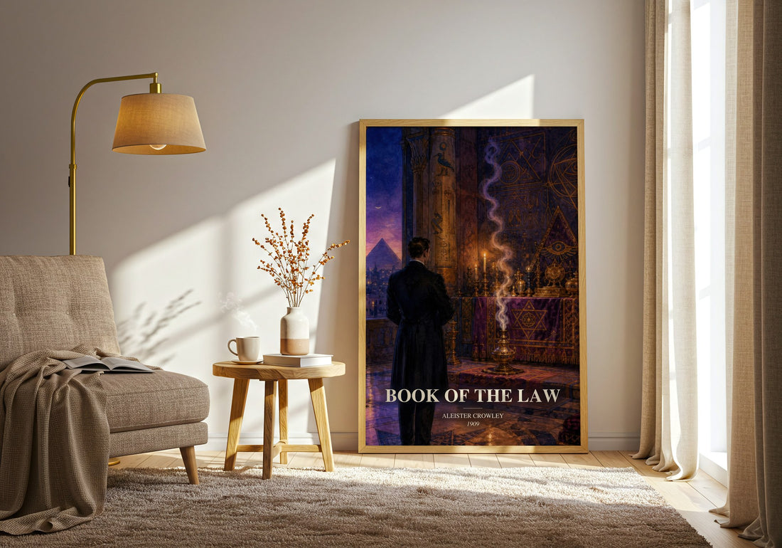 Book of the Law watercolour print in frame leaning in hallway – philosophy wall art