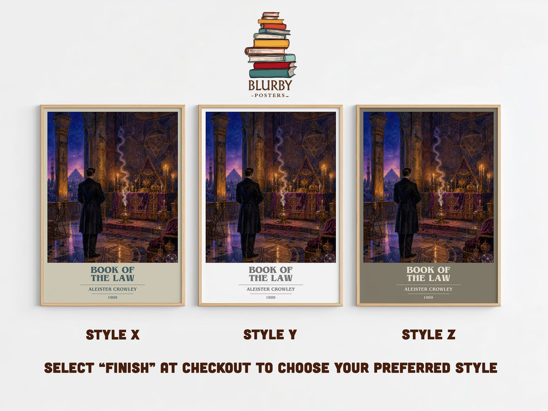 Book of the Law book cover print in frame leaning in hallway – philosophy wall art (mockup)