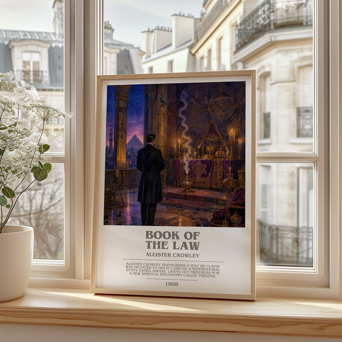 Book of the Law Bookish Wall Art by Aleister Crowley – framed print by a bright window