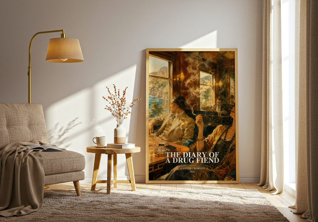 The diary of a drug fiend watercolour print in frame leaning in hallway – literary fiction wall art