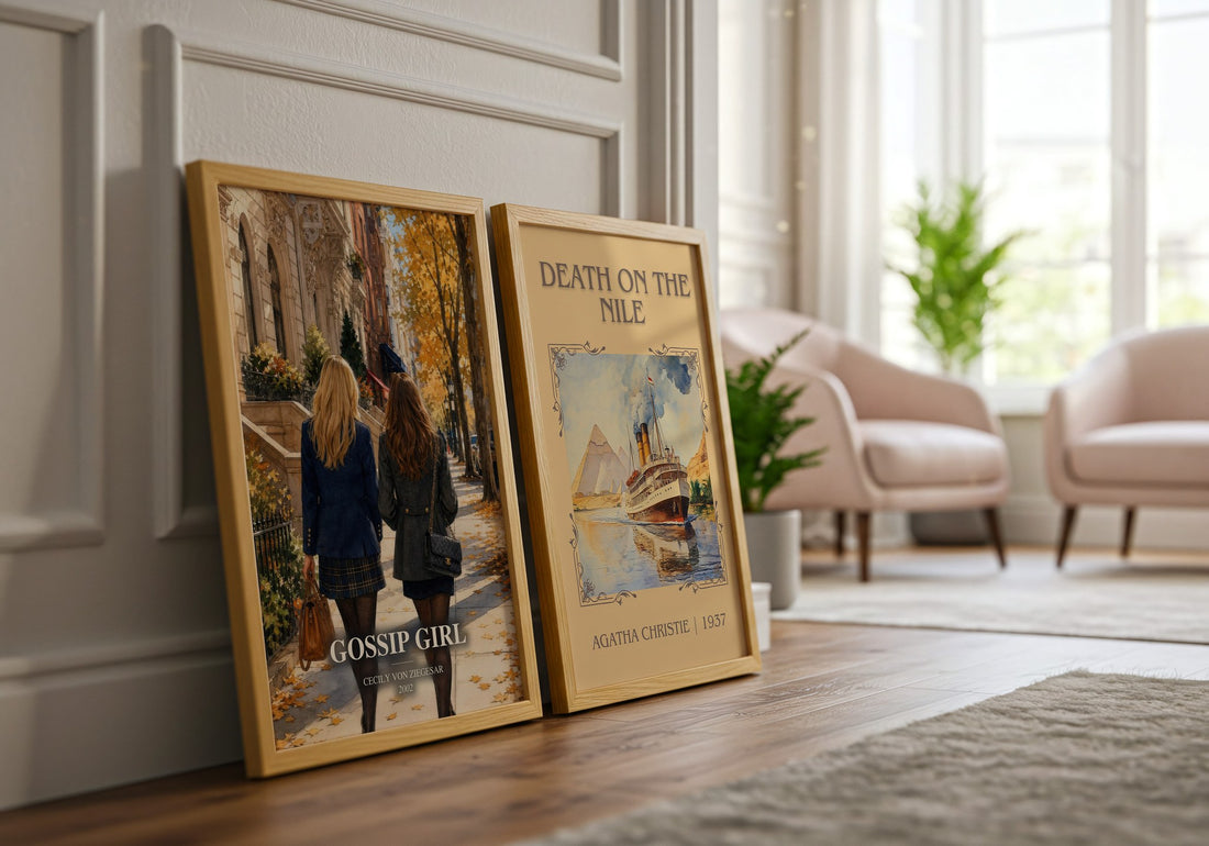 Gossip Girl watercolour print framed by window – literary home decor