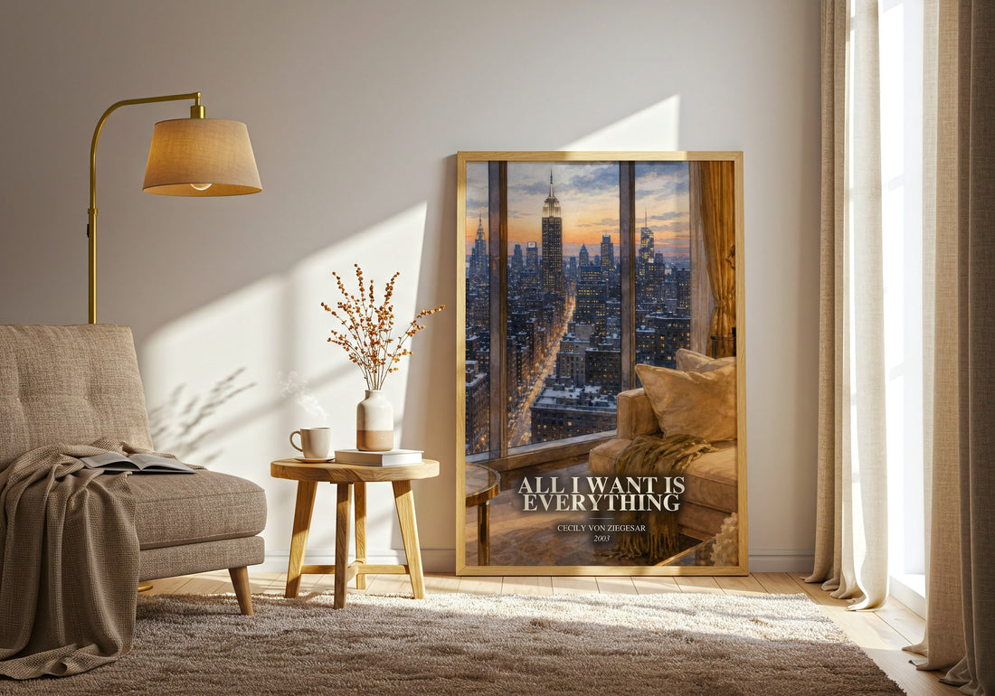 All I Want Is Everything watercolour print in frame leaning in hallway – young adult wall art