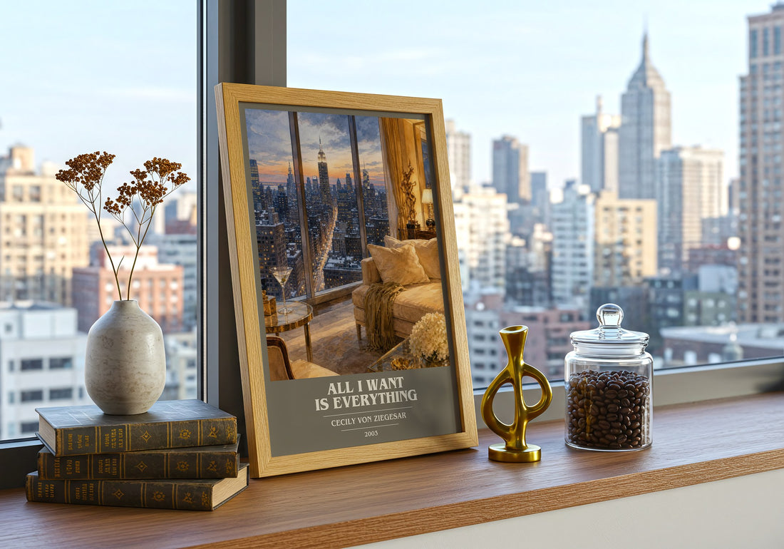 All I Want Is Everything book cover print framed by window – literary home decor