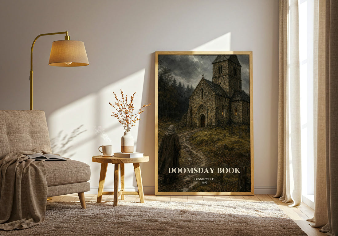 Doomsday book watercolour print in frame leaning in hallway – sci fi wall art
