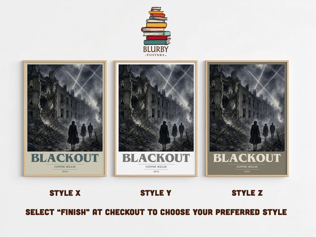 Blackout book cover print in frame leaning in hallway – sci fi wall art (mockup)