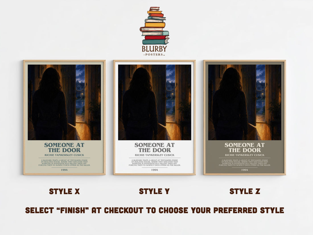 Someone at the door bookish print in frame leaning in hallway – thriller wall art (mockup)