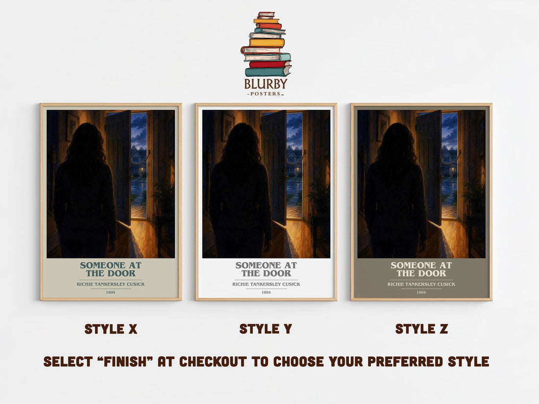 Someone at the door book cover print in frame leaning in hallway – thriller wall art (mockup)