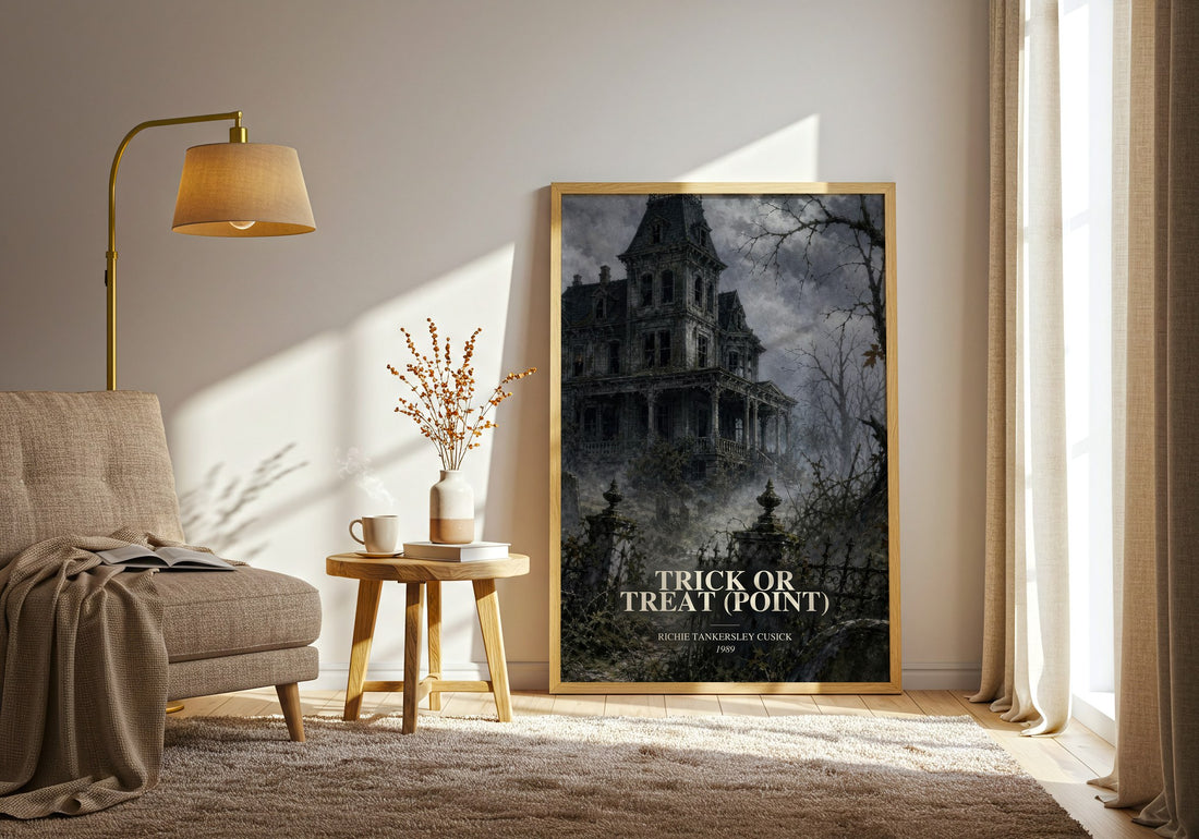 Trick or Treat (Point) watercolour print in frame leaning in hallway – horror wall art
