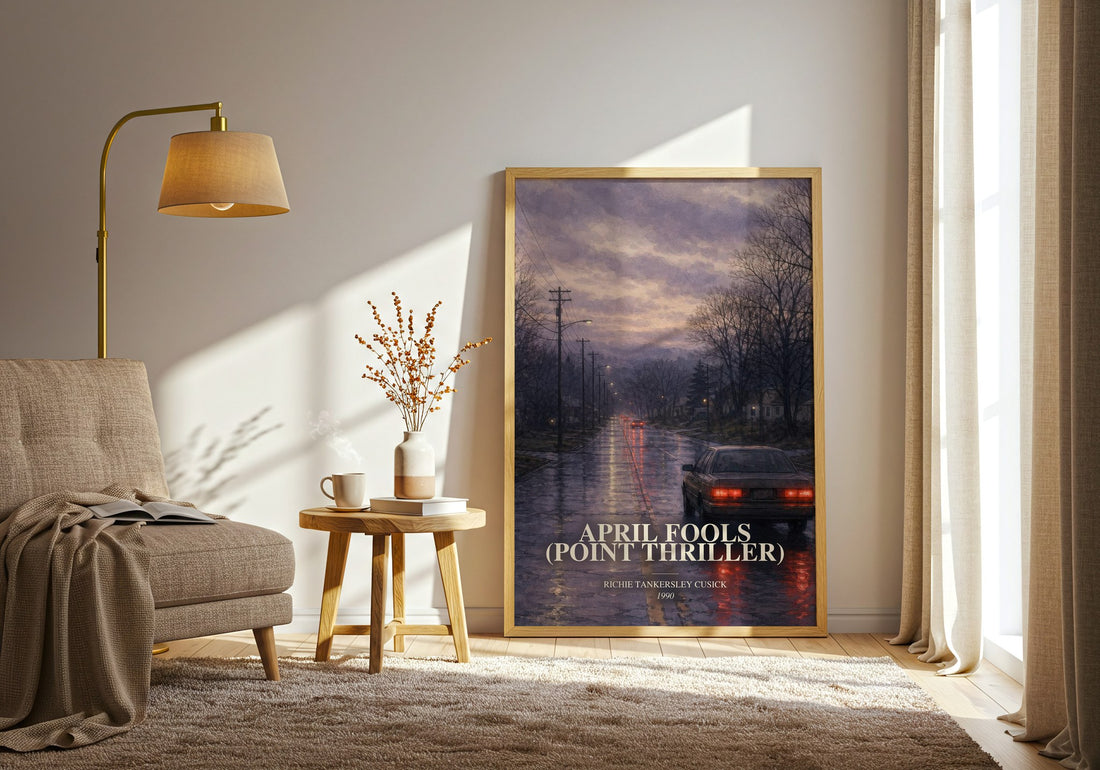 April Fools (Point Thriller) watercolour print in frame leaning in hallway – thriller wall art