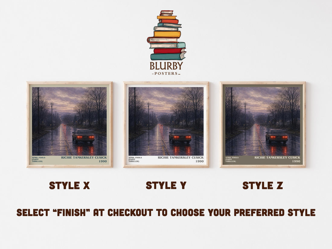 April Fools (Point Thriller) literary print in frame leaning in hallway – thriller wall art (mockup)