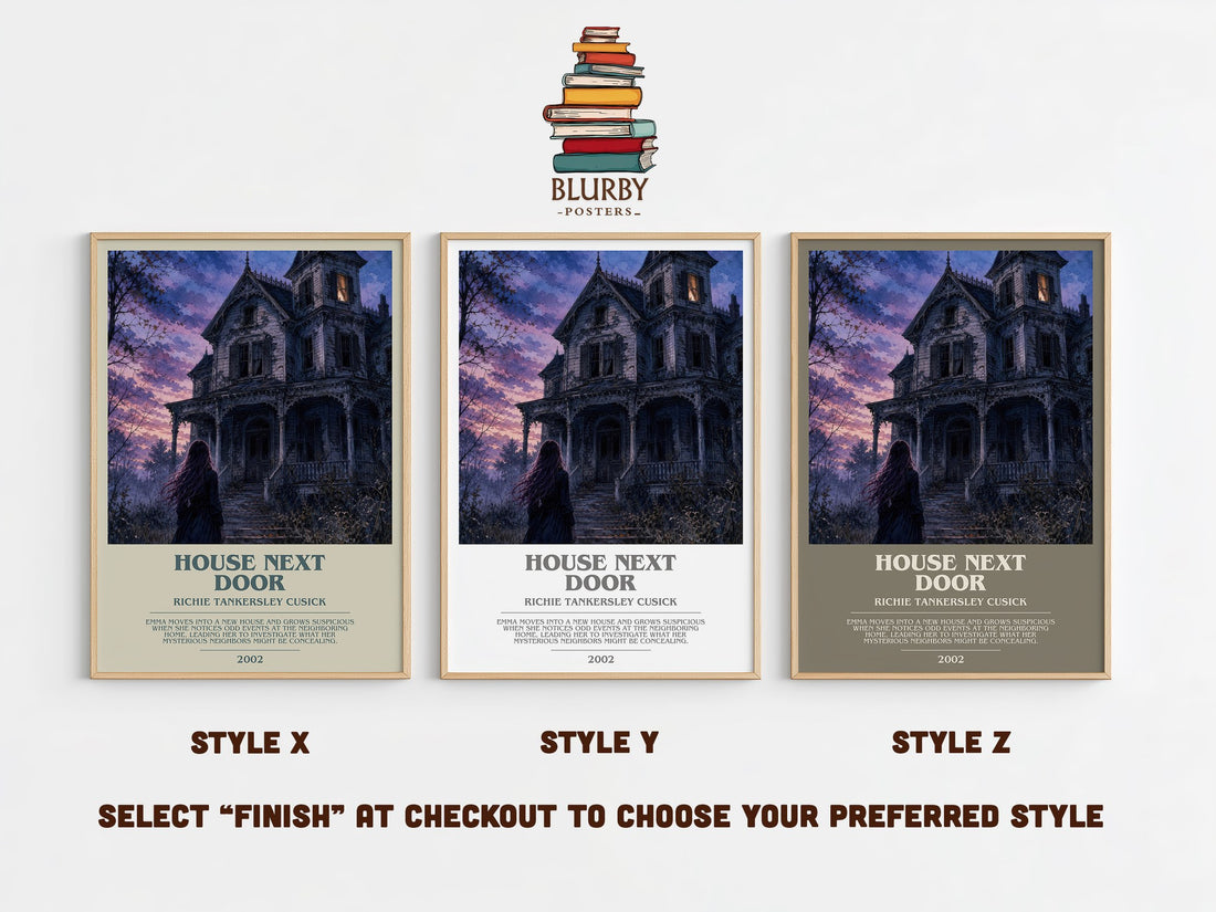 House Next Door bookish print in frame leaning in hallway – thriller wall art (mockup)