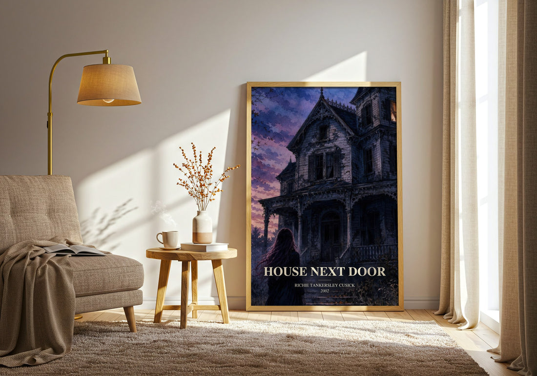 House Next Door watercolour print in frame leaning in hallway – thriller wall art