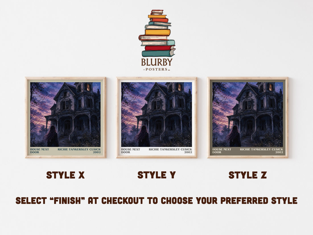 House Next Door literary print in frame leaning in hallway – thriller wall art (mockup)
