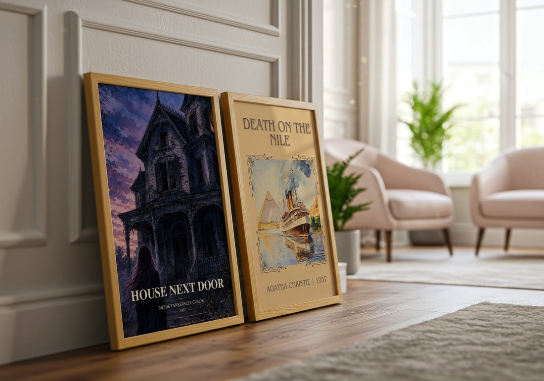 House Next Door watercolour print framed by window – literary home decor