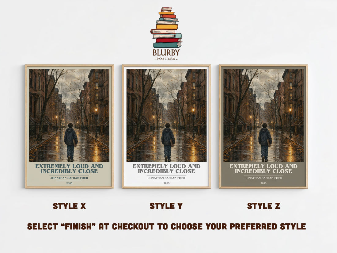 Extremely Loud and Incredibly Close book cover print in frame leaning in hallway – contemporary fiction wall art (mockup)