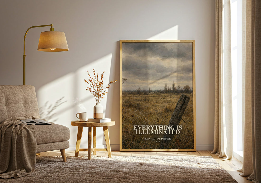 Everything Is Illuminated watercolour print in frame leaning in hallway – contemporary fiction wall art