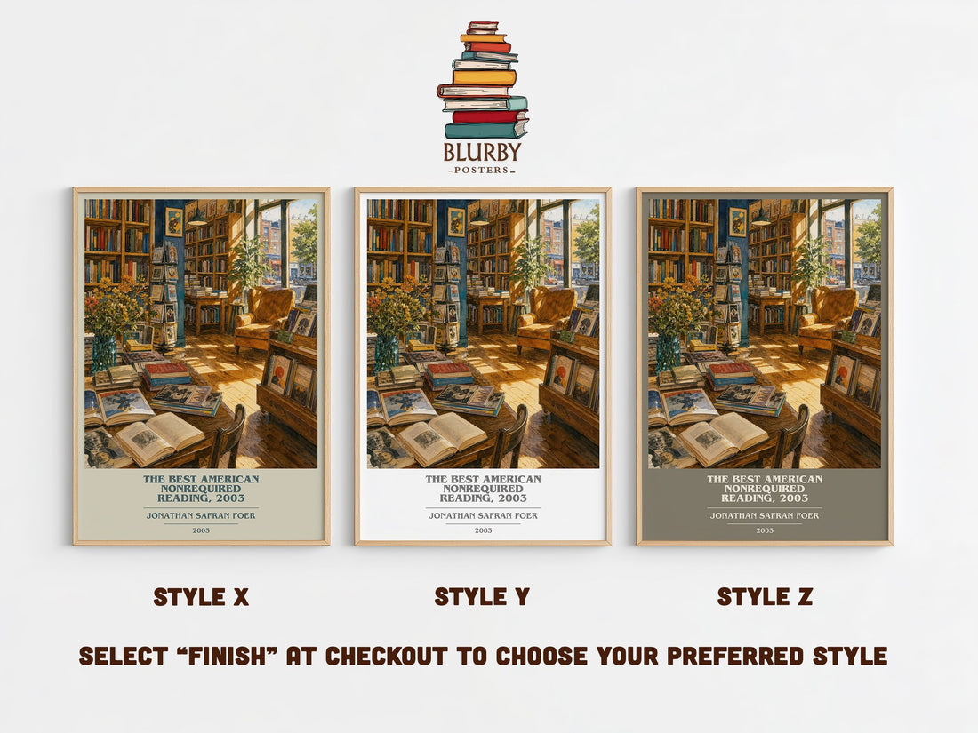 The best American nonrequired reading, 2003 book cover print in frame leaning in hallway – non fiction wall art (mockup)