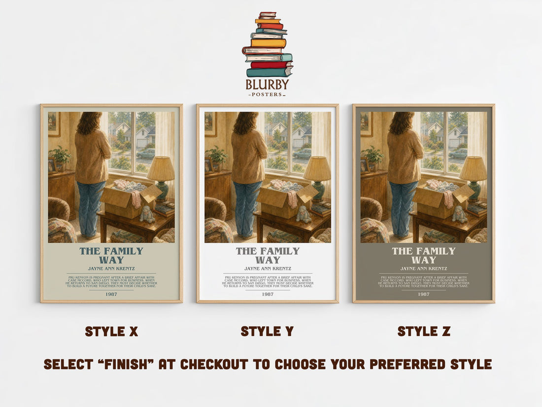 The Family Way bookish print in frame leaning in hallway – romance wall art (mockup)
