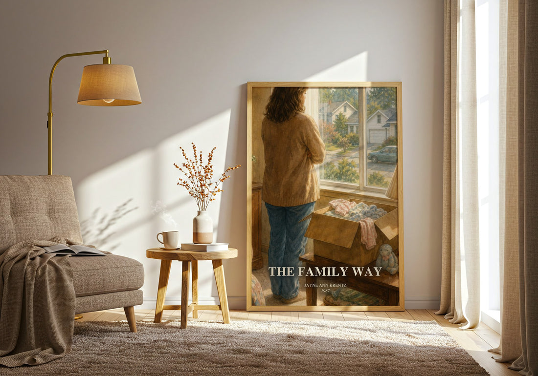 The Family Way watercolour print in frame leaning in hallway – romance wall art