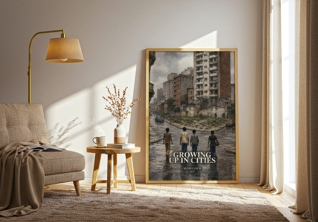 Growing up in cities watercolour print in frame leaning in hallway – non fiction wall art
