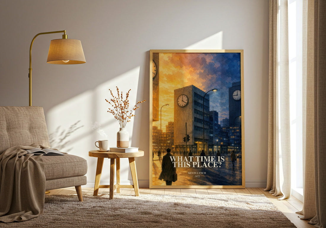 What Time is This Place? watercolour print in frame leaning in hallway – non fiction wall art