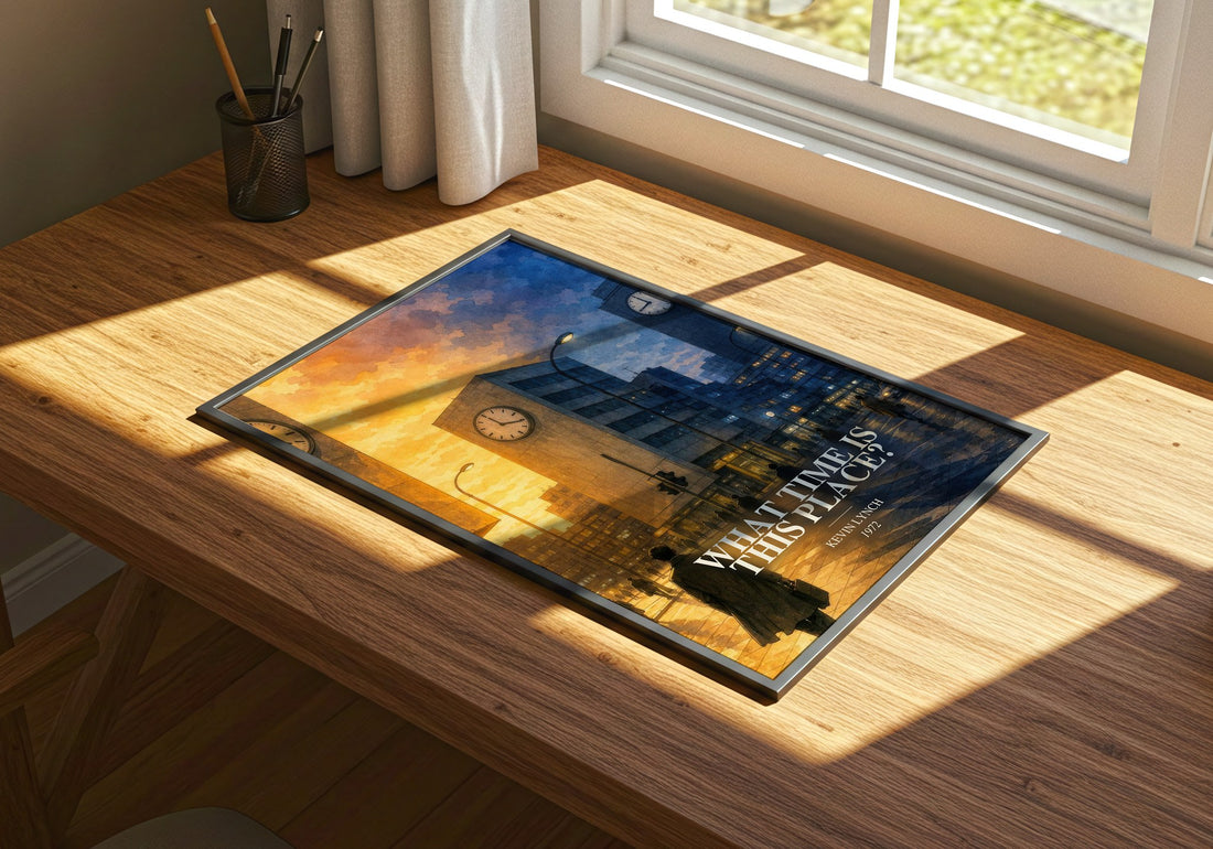 What Time is This Place? watercolour book poster framed on wall – non fiction wall art