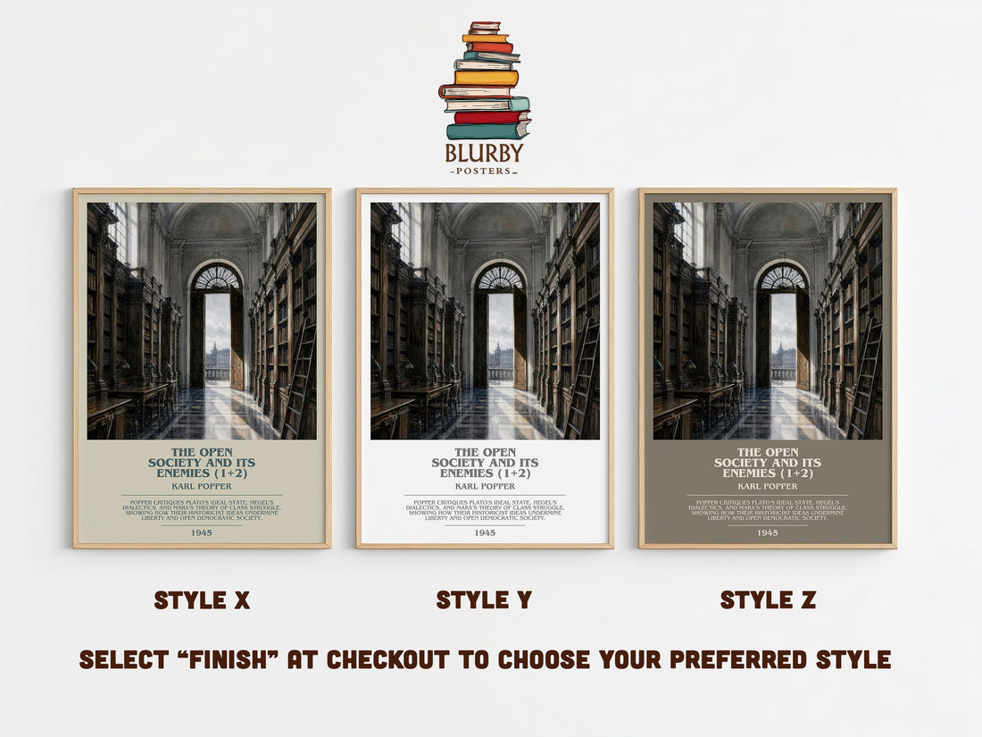 The Open Society and Its Enemies (1+2) bookish print in frame leaning in hallway – philosophy wall art (mockup)