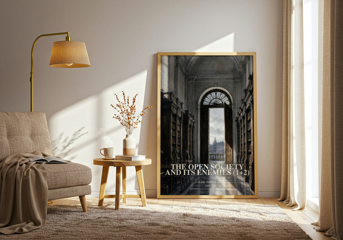 The Open Society and Its Enemies (1+2) watercolour print in frame leaning in hallway – philosophy wall art