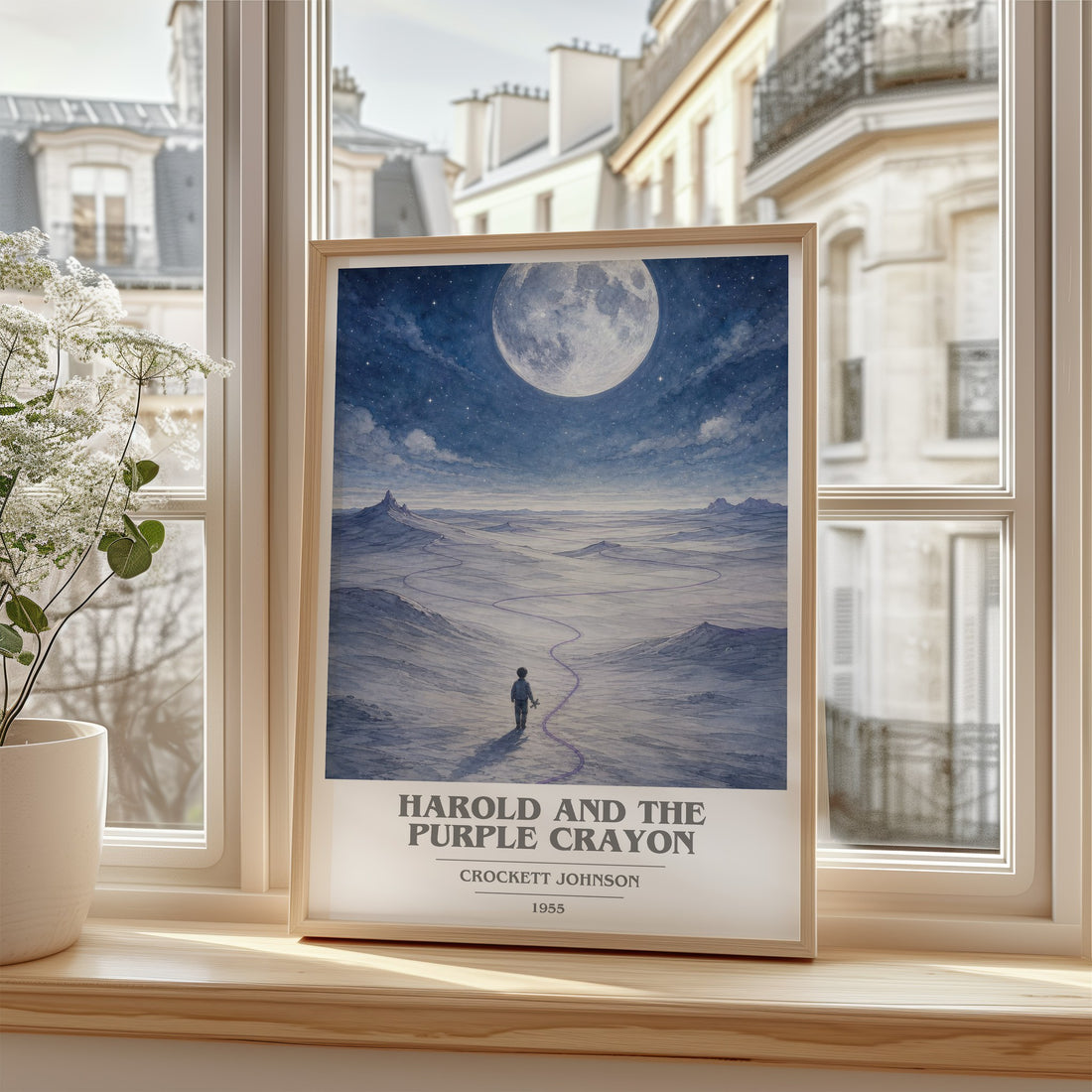 Harold and the Purple Crayon Book Cover Poster by Crockett Johnson – framed print by a bright window