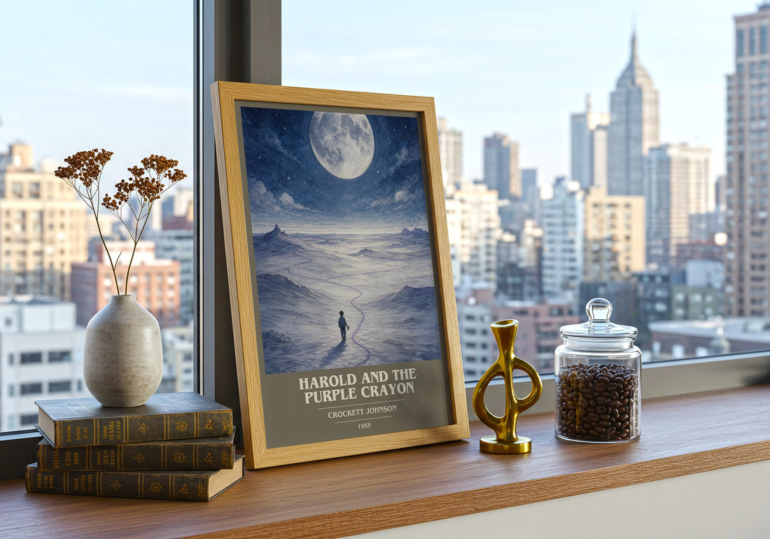 Harold and the Purple Crayon Book Cover Poster by Crockett Johnson – framed print on a city-view windowsill