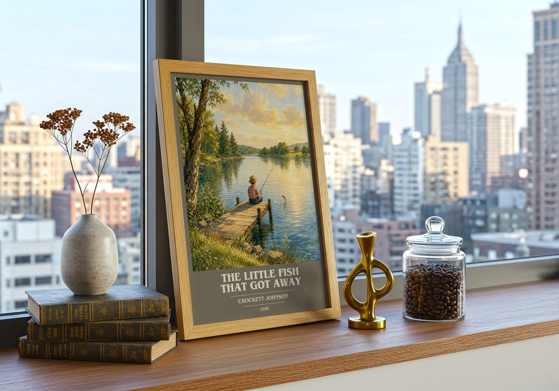 The Little Fish That Got Away book cover print framed by window – literary home decor