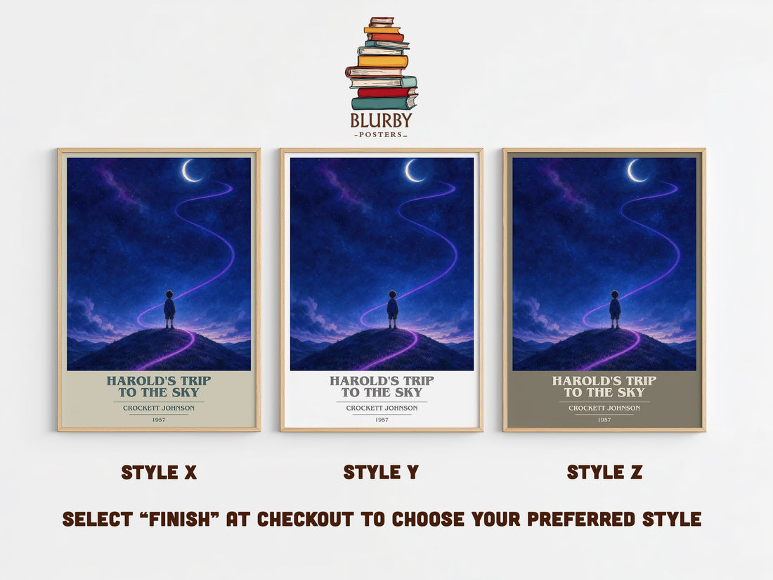 Harold's Trip to the Sky book cover print in frame leaning in hallway – childrens wall art (mockup)