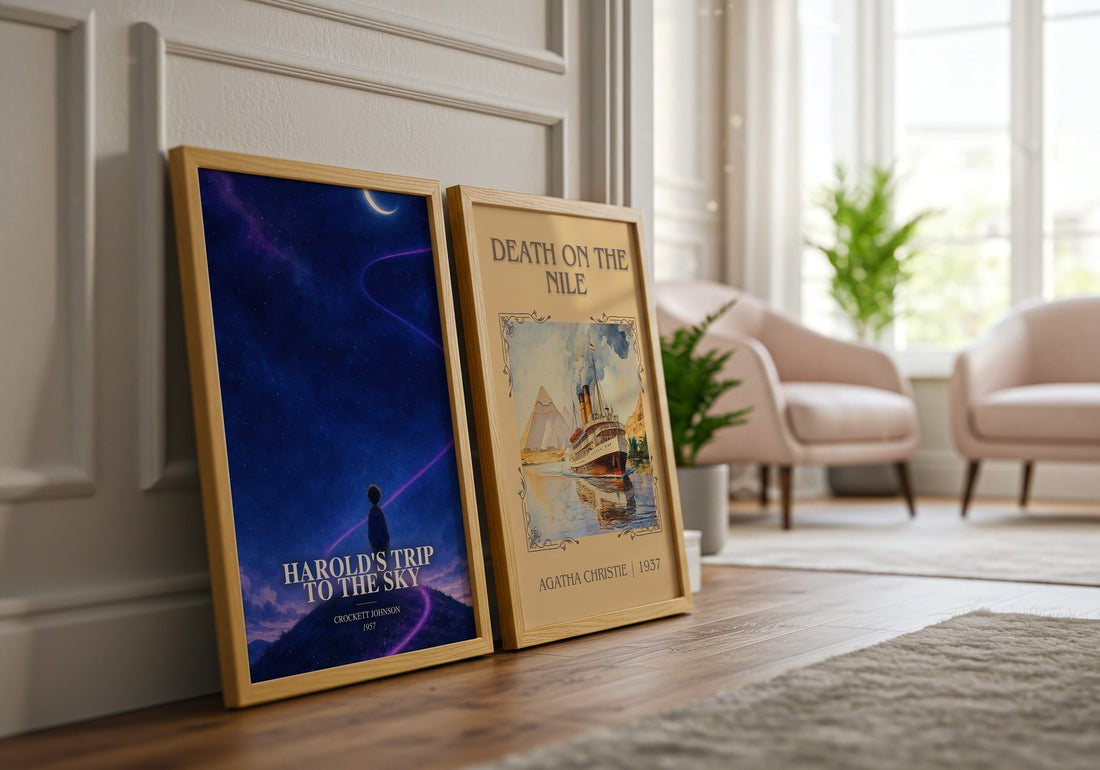 Harold's Trip to the Sky watercolour print framed by window – literary home decor