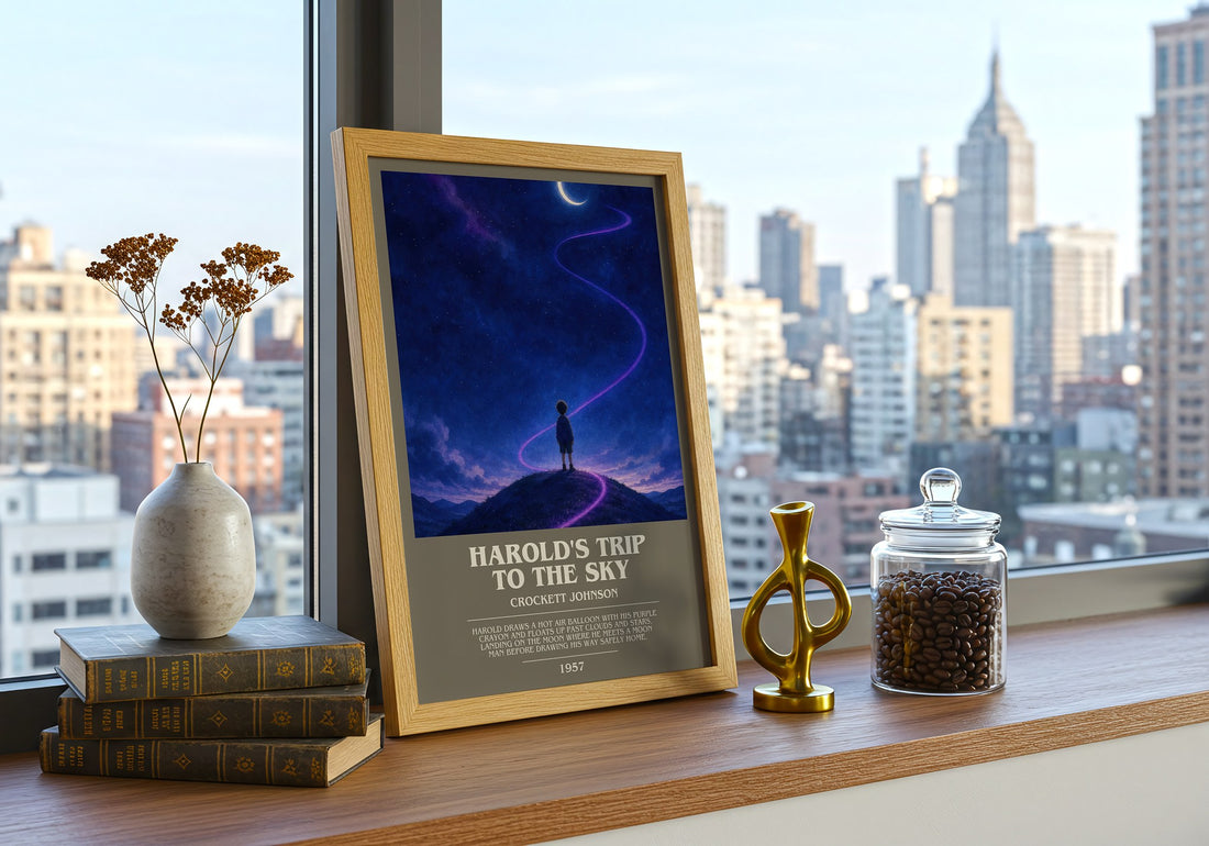 Harold's Trip to the Sky bookish print framed by window – literary home decor