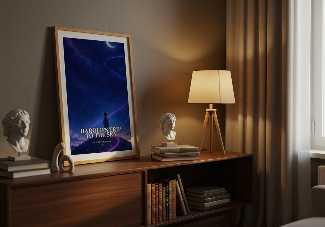 Harold's Trip to the Sky watercolour print on bookshelf – Crockett Johnson fan gift