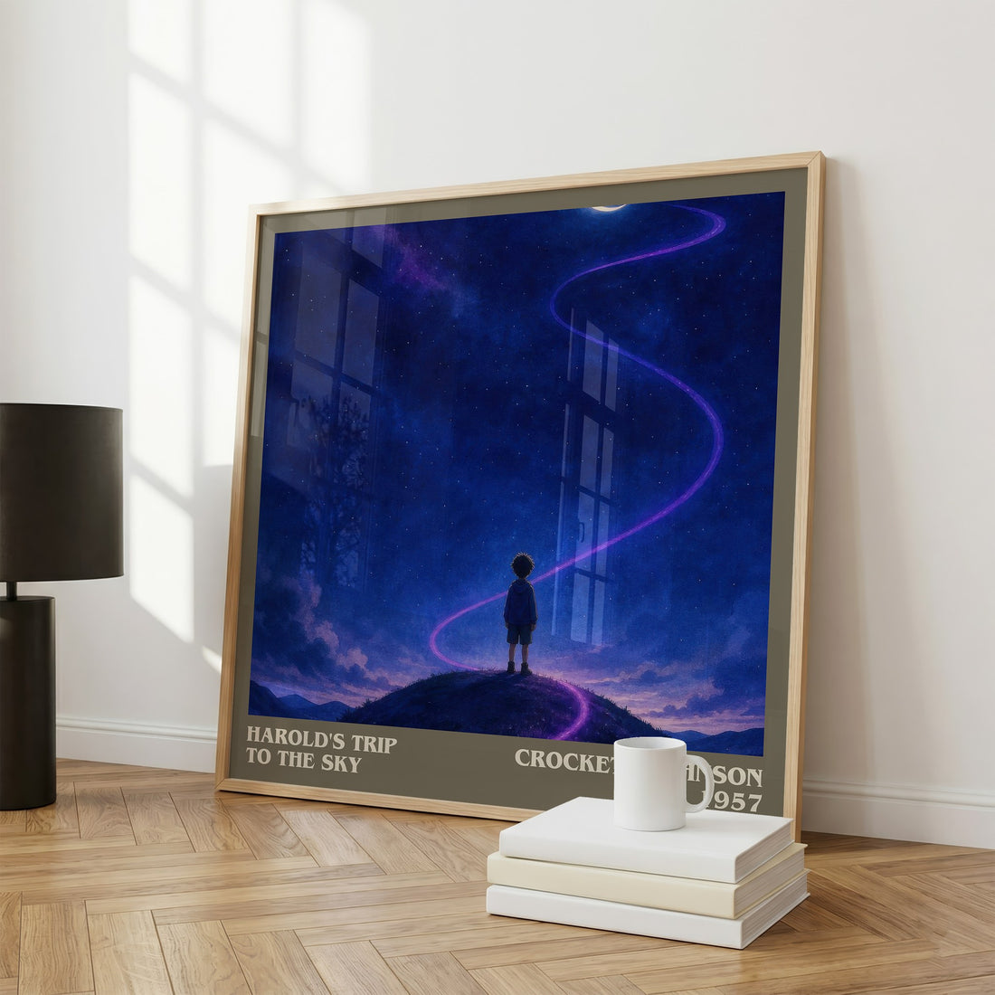 Harold's Trip to the Sky literary print framed by window – literary home decor