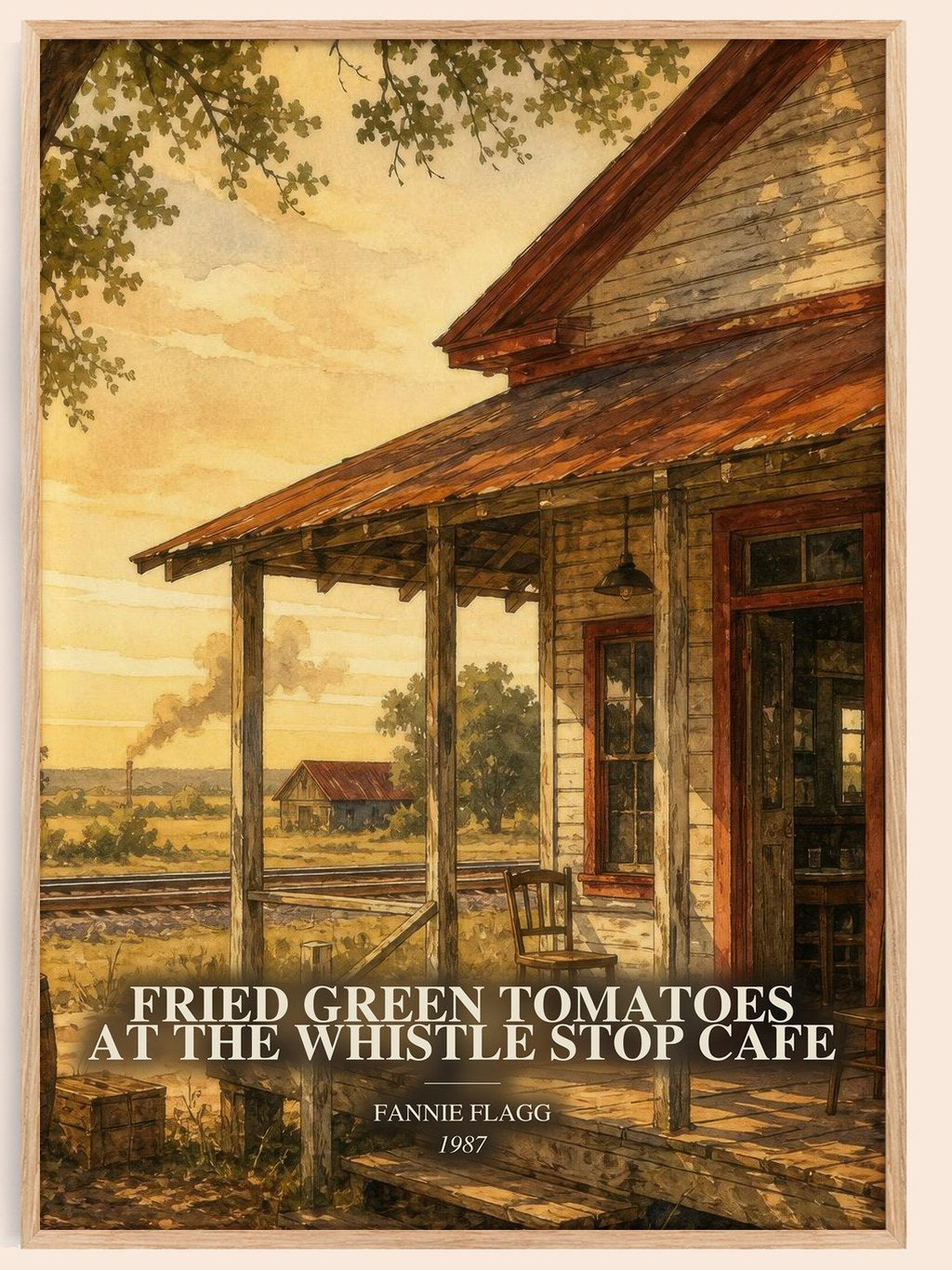 Fried Green Tomatoes at the Whistle Stop Cafe watercolour book poster by Fannie Flagg – framed literary art print