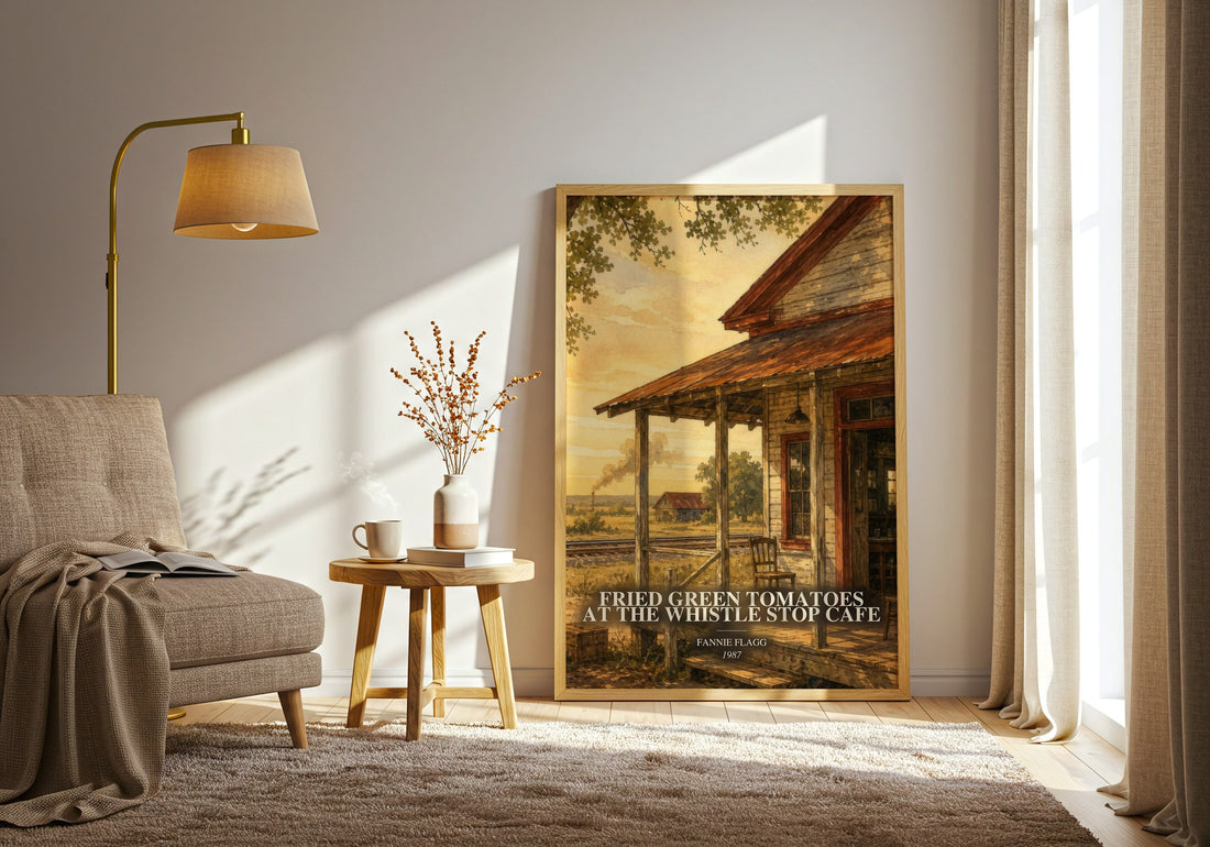 Fried Green Tomatoes at the Whistle Stop Cafe watercolour print in frame leaning in hallway – contemporary fiction wall art