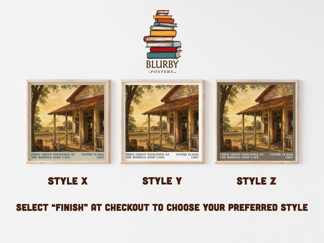 Fried Green Tomatoes at the Whistle Stop Cafe literary print in frame leaning in hallway – contemporary fiction wall art (mockup)