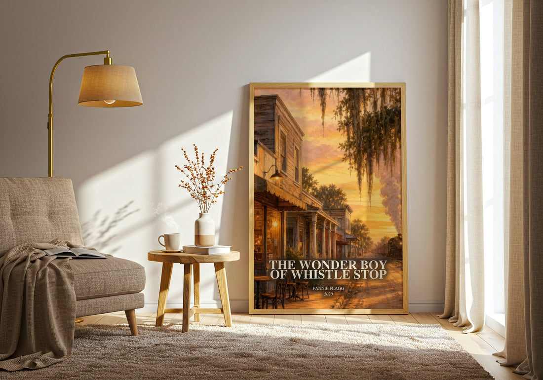 The Wonder Boy of Whistle Stop watercolour print in frame leaning in hallway – contemporary fiction wall art