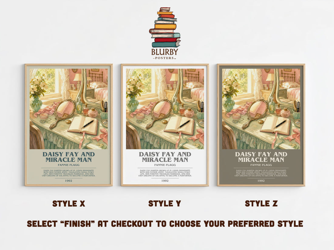 Daisy Fay and Miracle Man bookish print in frame leaning in hallway – coming of age wall art (mockup)