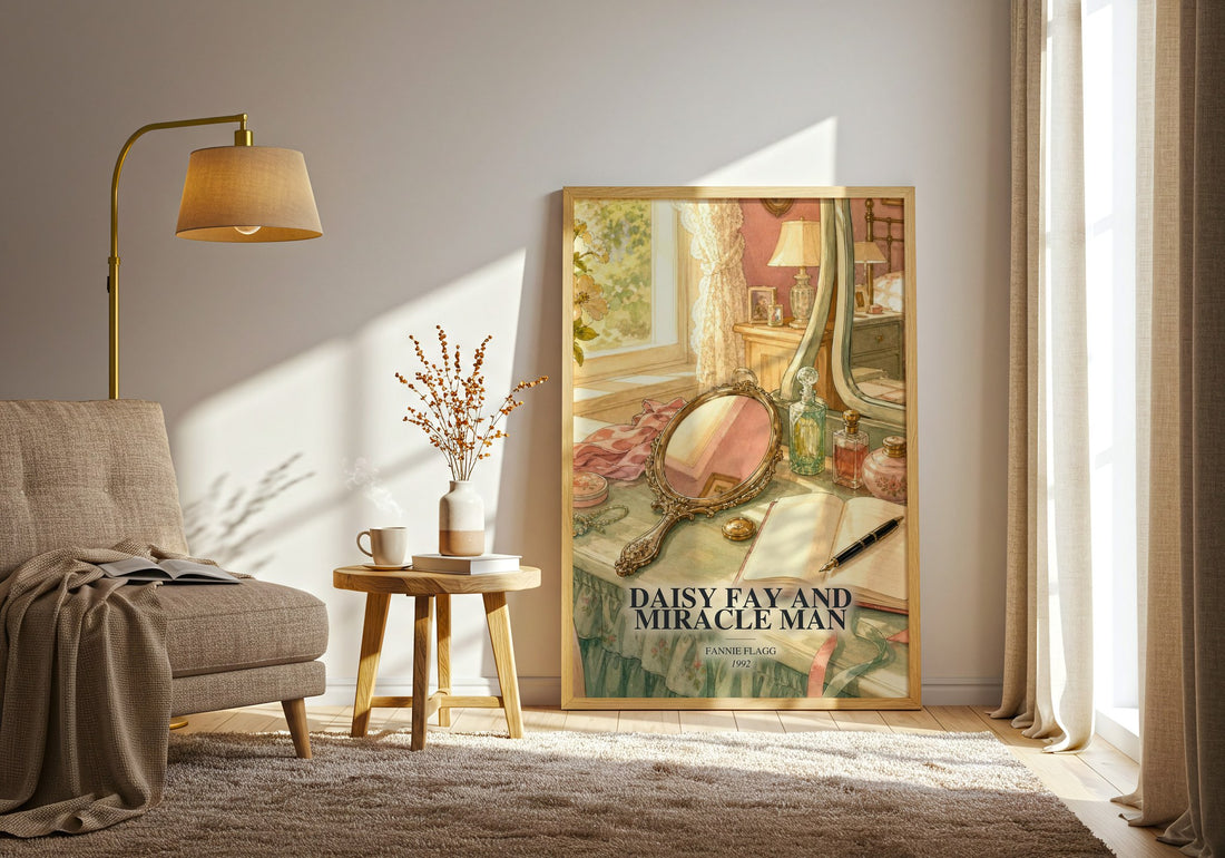 Daisy Fay and Miracle Man watercolour print in frame leaning in hallway – coming of age wall art