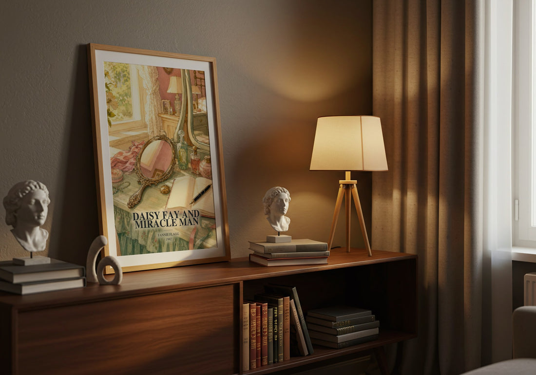 Daisy Fay and Miracle Man watercolour print on bookshelf – Fannie Flagg fan gift