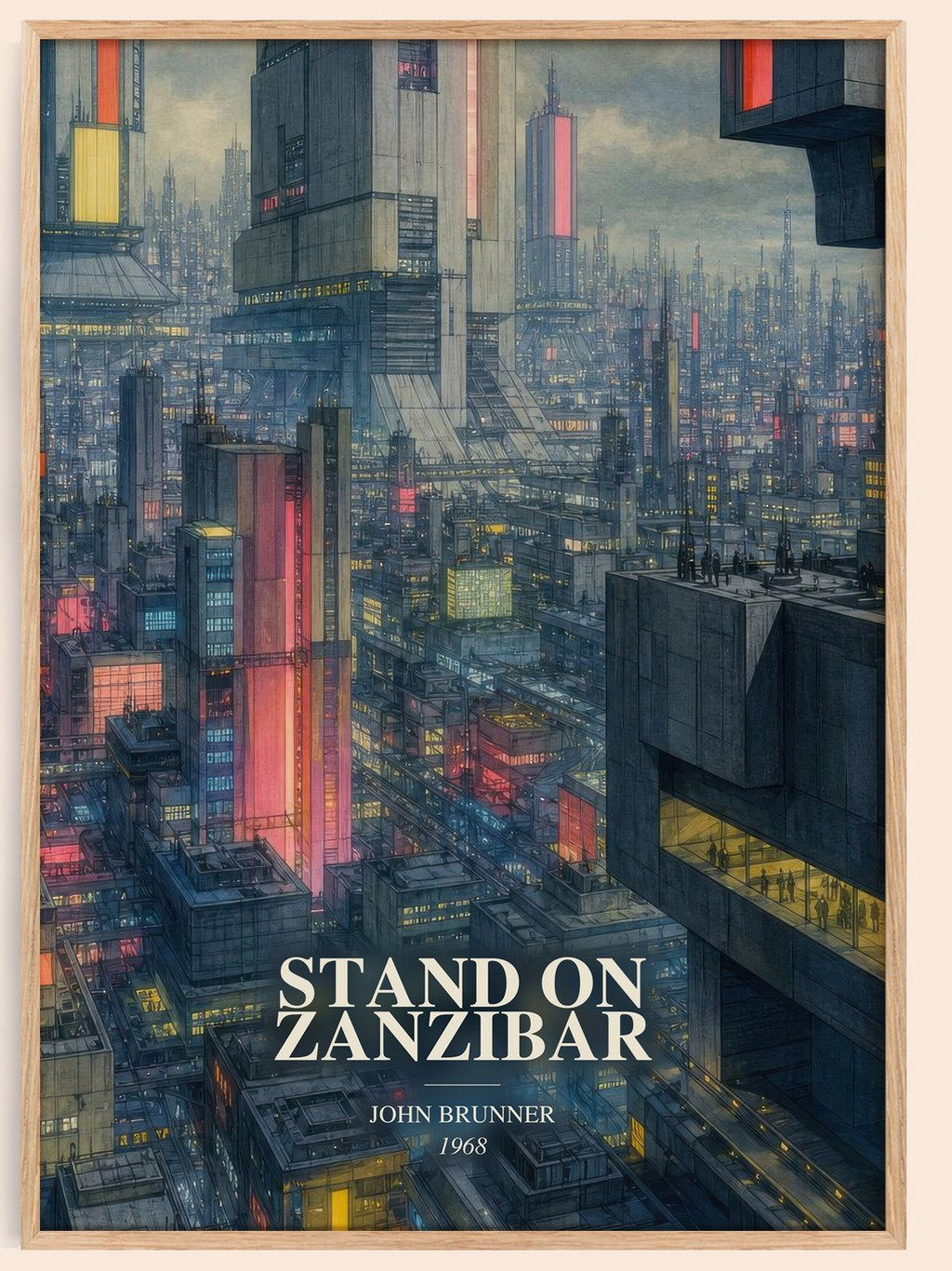 Stand on Zanzibar watercolour book poster by John Brunner – framed literary art print